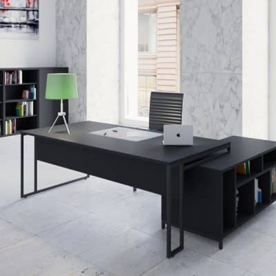 bureau d’angle noir avec rangements stricto sensus