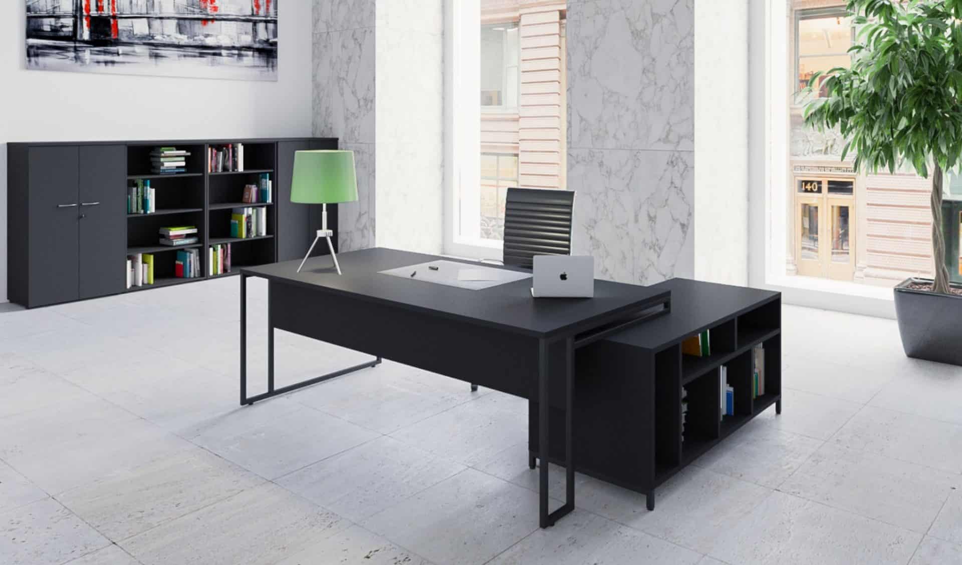 Bureau angle noir avec grands rangement en retour Stricto Sensus